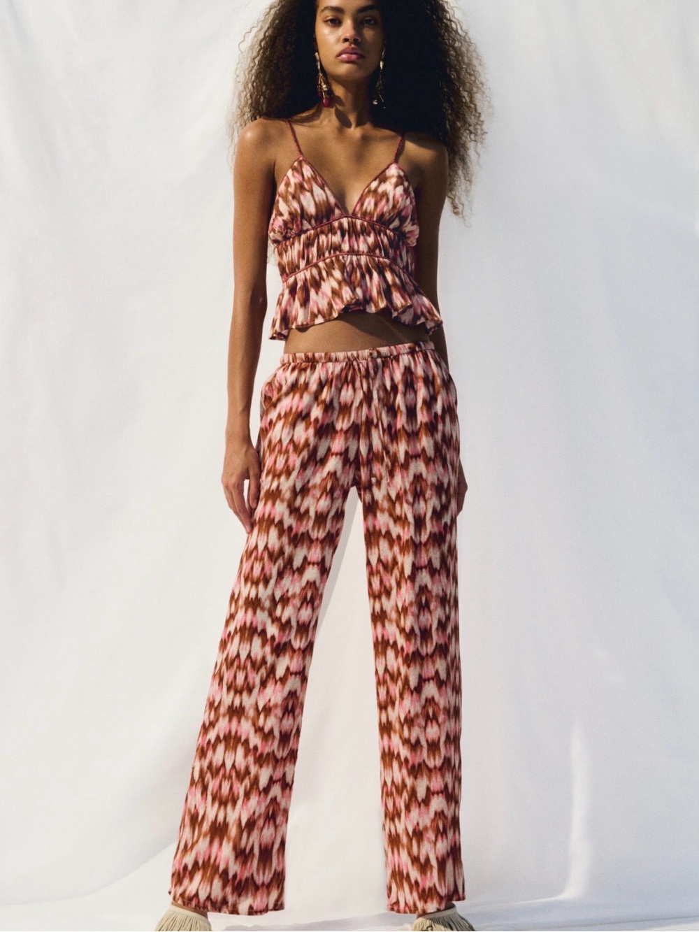 H&M Pink & Brown Printed Wide-Leg Pants